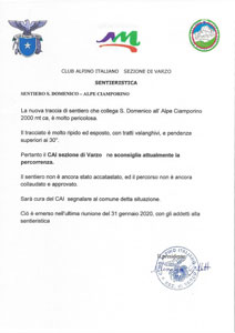 Club Alpino Italiano Sezione di Varzo: Sentiero S.Domenico - Alpe Ciamporino, segnalazione di rischio per la sicurezza - 31 gennaio 2020