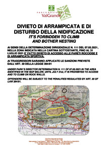 Comunicazione dell'Ente Parco Nazionale Val Grande: divieto di arrampicata e di disturbo della nidificazione - 7 maggio 2021