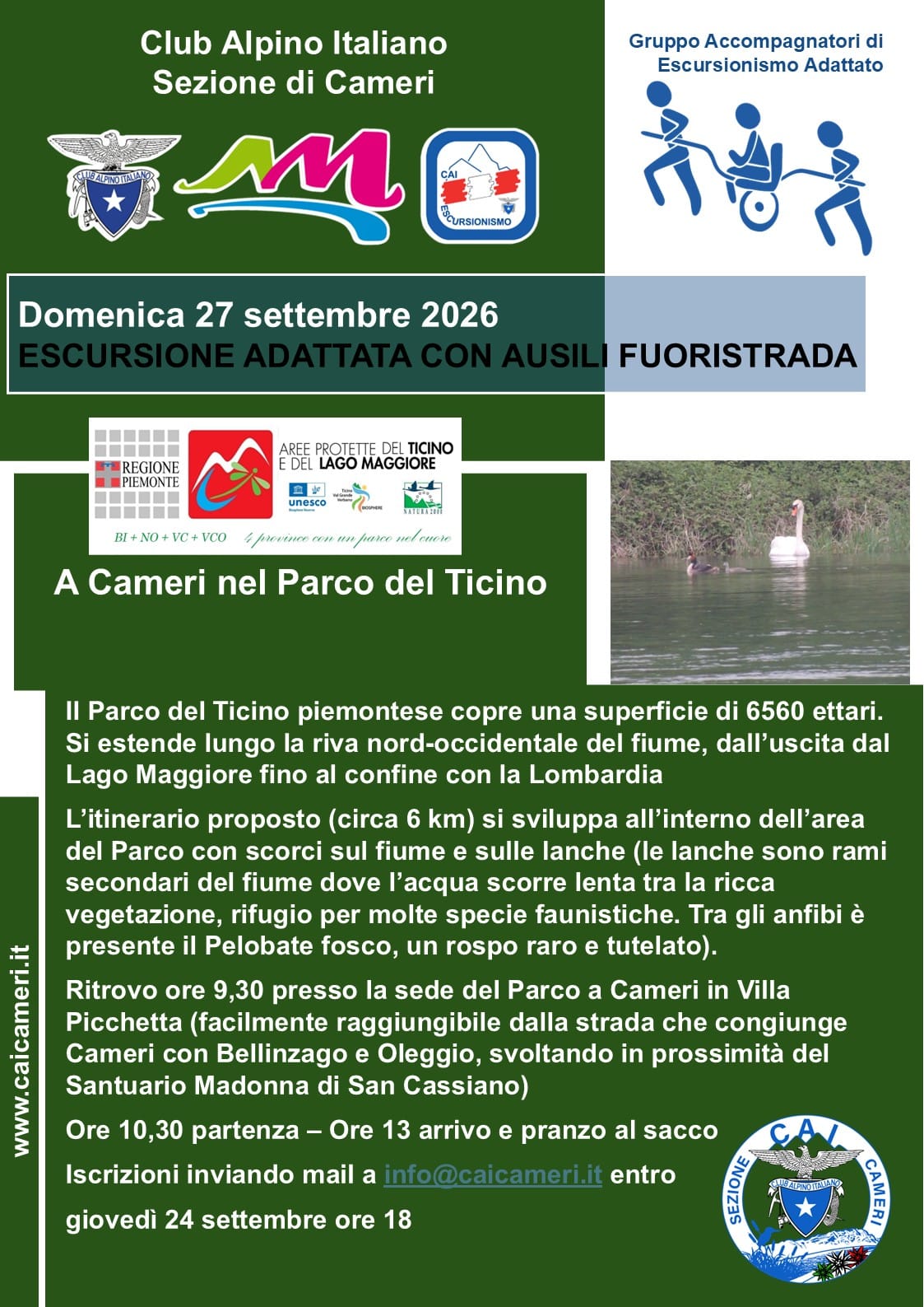 CAI Cameri: con le joëlette nel Parco del Ticino - 27 settembre 2026 CAI Cameri: con le joëlette nel Parco del Ticino - 27 settembre 2026